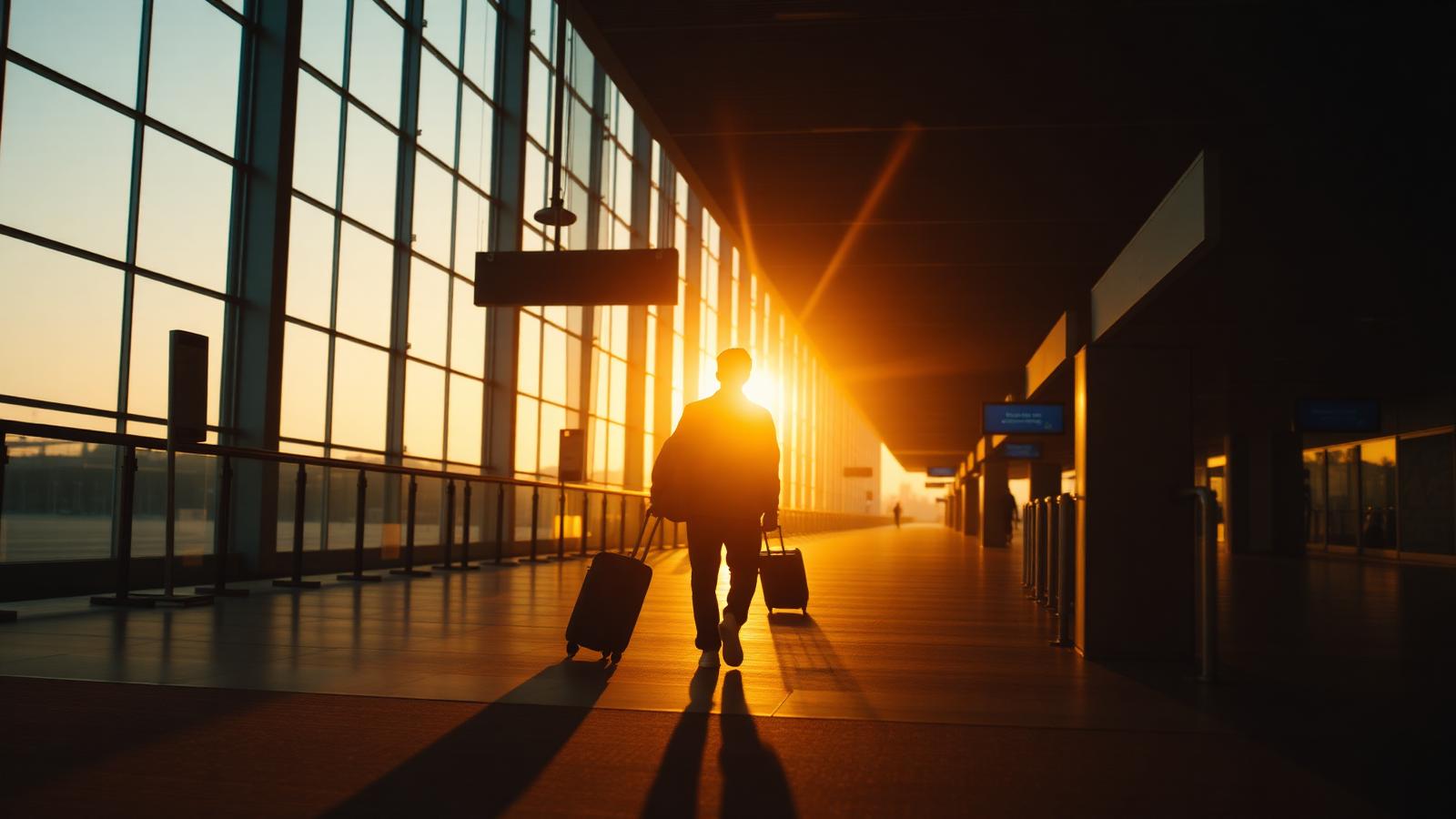 Viajero en el aeropuerto al atardecer